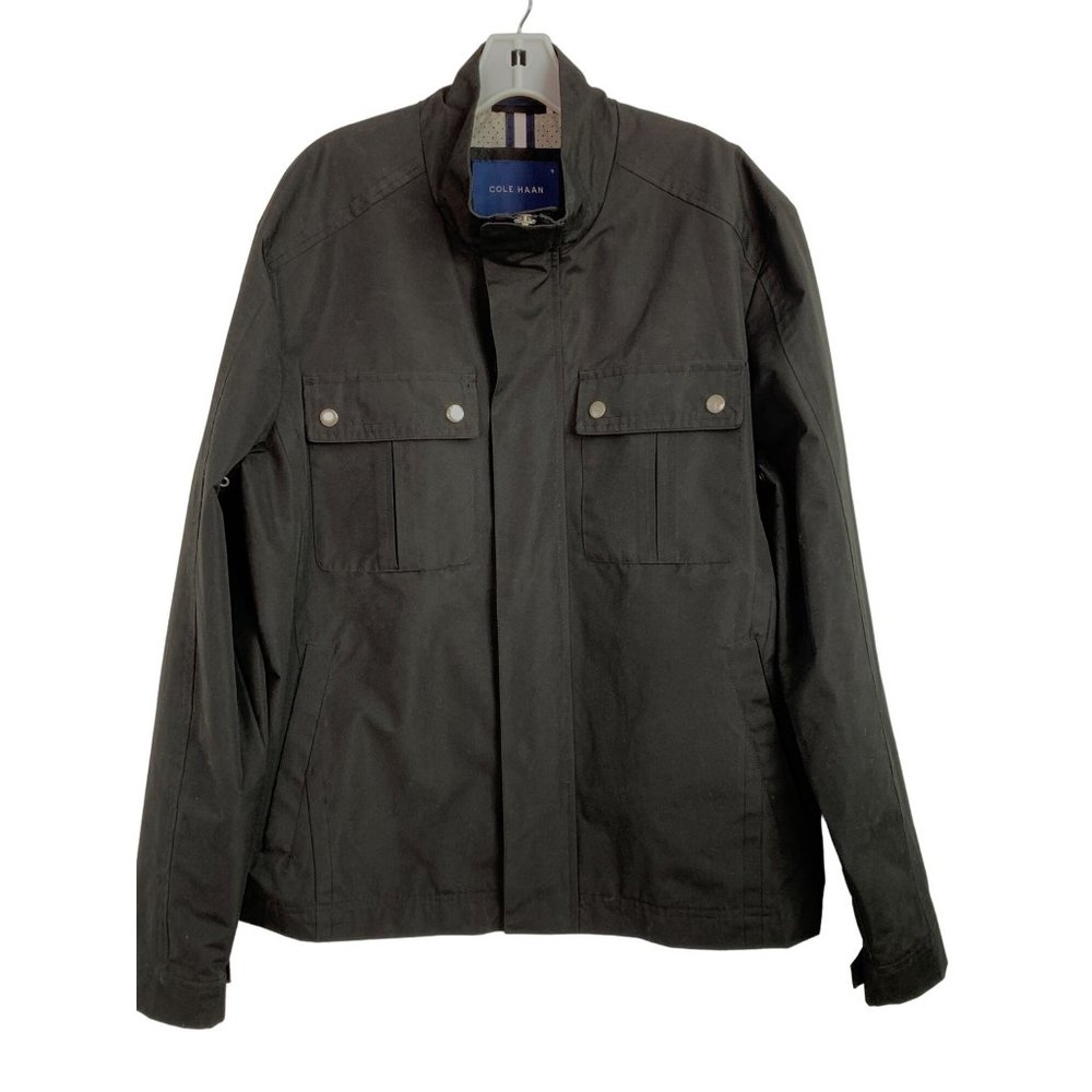 L Cole Haan Trucker Jacket Full Zip Black EUC 6488 Canvas Spring  $250 Rain